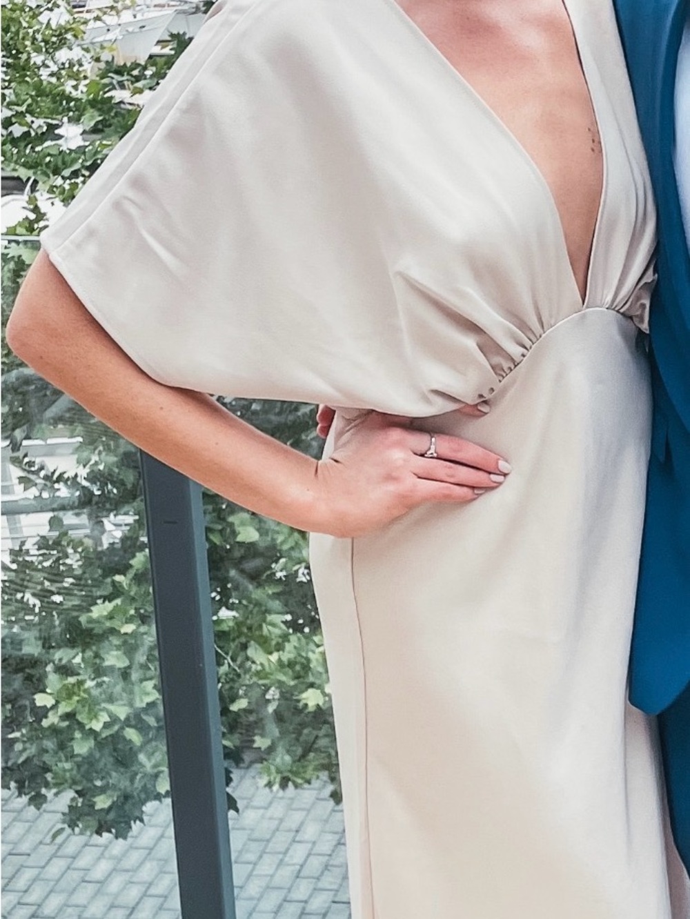 BHLDN beige Amelia Deep-V Flutter-Sleeve Satin A-Line Gown